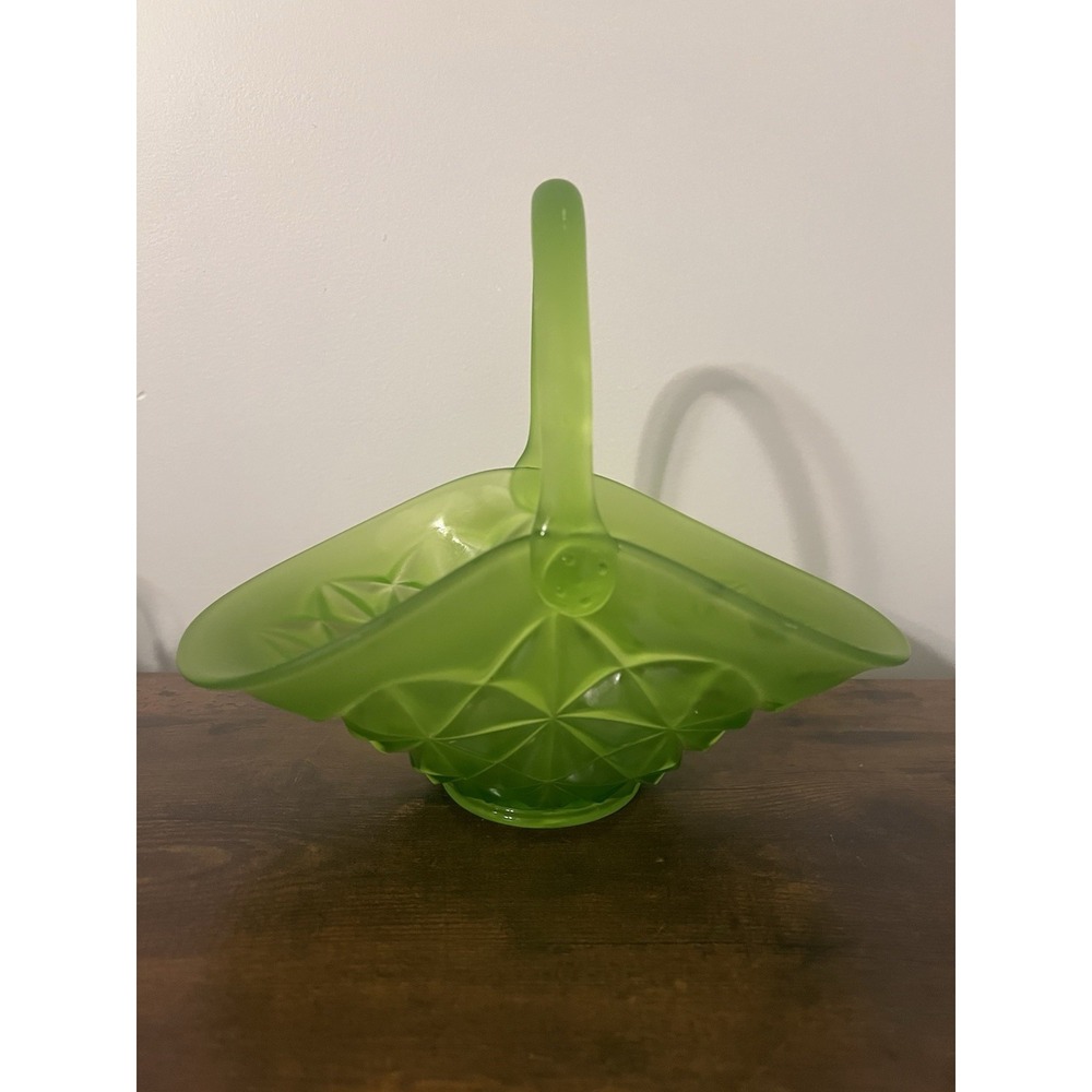 Westmoreland Satin Green Pressed Glass Basket 10" Daisy Pinwheel Pattern Vintage